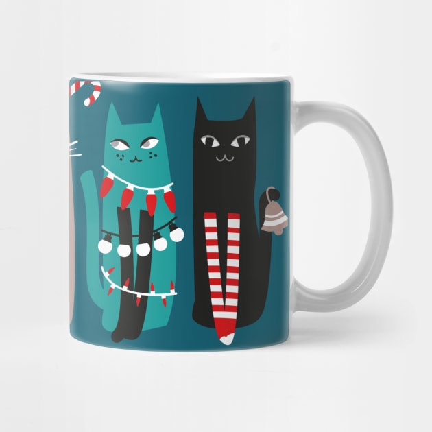 Feline Christmas vibes // print // dark teal background grey mint white brown and black kittens by SelmaCardoso